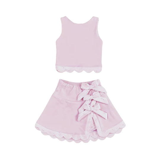 Baby Girls Light Pink Sleeveless Vest Top Bows Skirt Shorts Yoga Clothes Sets Preorder 11.29