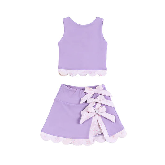 Baby Girls Purple Sleeveless Vest Top Bows Skirt Shorts Yoga Clothes Sets Preorder 11.29