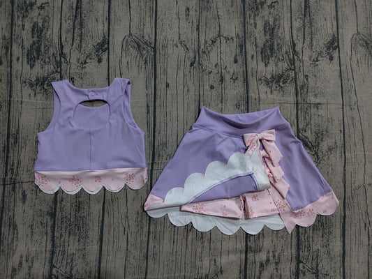 Baby Girls Clothes Purple Sleeveless Vest Top Bows Skirt Shorts Yoga Clothes Sets Preorder GSD3323