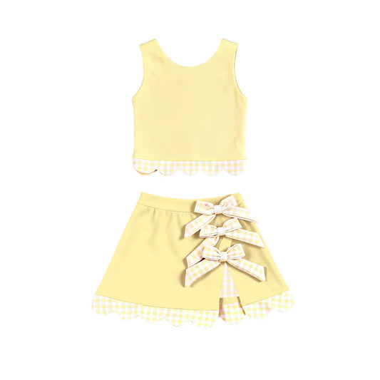 Baby Girls Yellow Sleeveless Vest Top Bows Skirt Shorts Yoga Clothes Sets Preorder 11.29