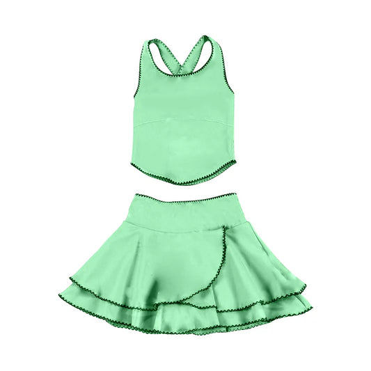 Baby Girls Green Strap Vest Top Ruffle Skirt Shorts Yoga Clothes Sets Preorder 11.29