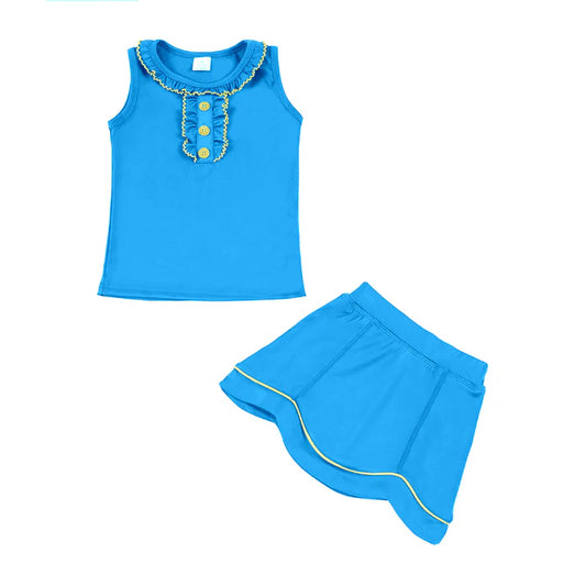 Baby Girls Hot Blue Button Collar Vest Top Skirt Shorts Yoga Clothes Sets Preorder 11.29
