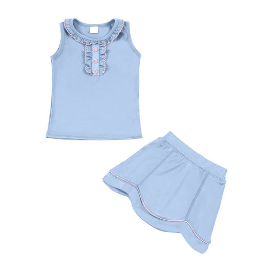 Baby Girls Blue Button Collar Vest Top Skirt Shorts Yoga Clothes Sets Preorder 11.29