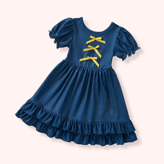 Baby Girls Hot Blue Short Sleeve Bows Ruffle Knee Length Dresses Preorder 11.28