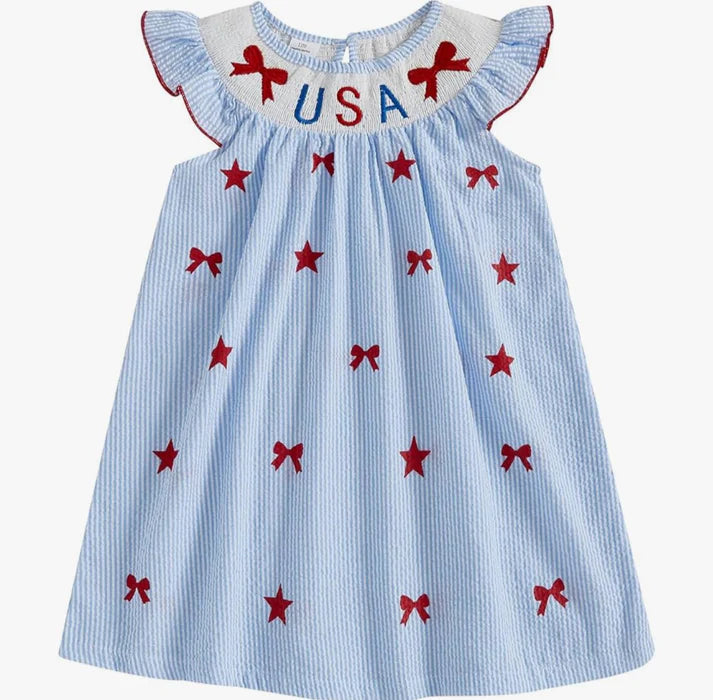 Baby Girls Blue Stripe Bows Stars USA 4th of July Knee Length Dresses Preorder 11.28