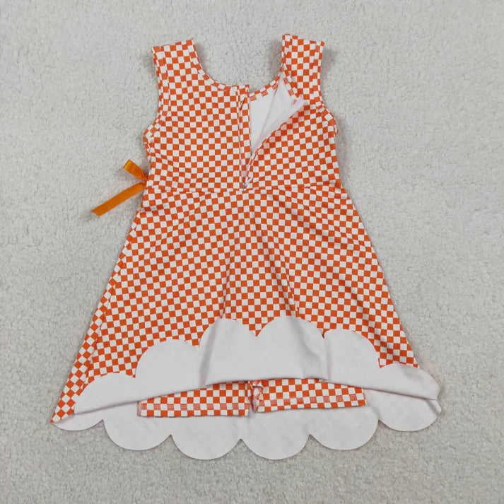 Sibling Baby Girls Blue Orange Checked Yoga Active Shorts Scallop Knee Length Dresses