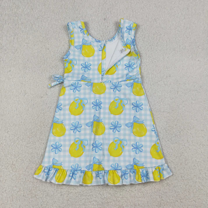 Sibling Baby Girls Pink Blue Checked Bows Lemons Yoga Active Shorts Knee Length Dress