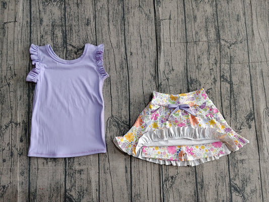 Baby Girls Purple Vest Colorful Floral Pockets Scallop Skirt Short Yoga Active Clothes Set Preorder GSD3771