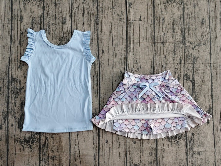 Baby Girls Blue Vest Colorful Floral Pockets Scallop Skirt Short Yoga Active Clothes Set Preorder GSD3775