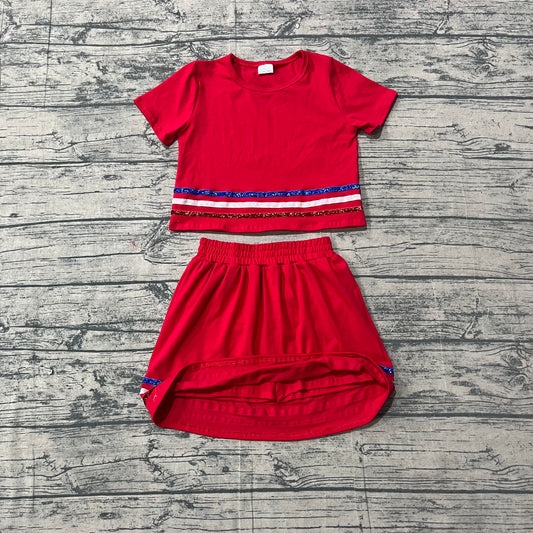 Baby Girls Clothes Red Short Sleeve Stripe Top Skirt Shorts Clothes Sets Preorder GSD3812
