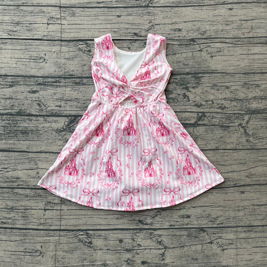 Baby Girls Pink Stripe Bows Castles Yoga Active Short Knee Length Dress Preorder GSD3815