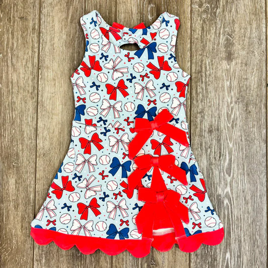 Baby Girls Baseballs Bows Team Yoga Active Scallop Short Knee Length Dresses Preorder
