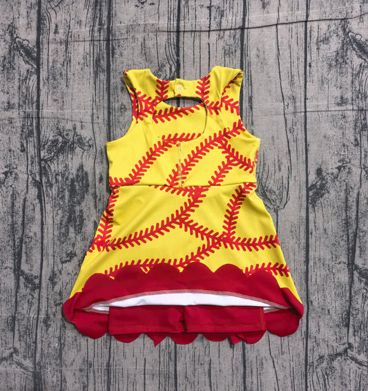 Baby Girls Softball Bows Team Yoga Active Scallop Short Knee Length Dress Preorder GSD3834