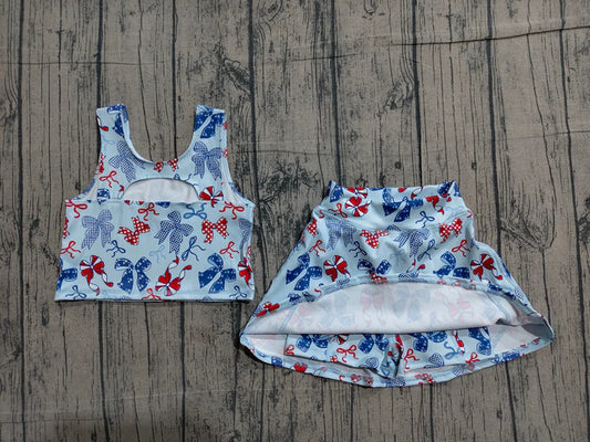 Baby Girls Red Blue Bows Vests Skirt Short Yoga Active 4th of July Clothes Set Preorder GSD3874