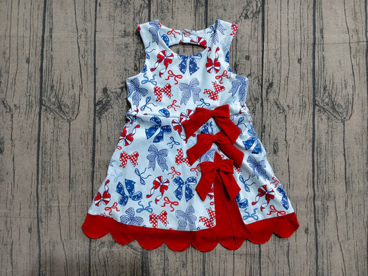 Baby Girls Red Blue Bows 4th of July Yoga Active Scallop Short Knee Length Dress Preorder GSD3875