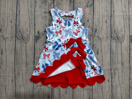 Baby Girls Red Blue Bows 4th of July Yoga Active Scallop Short Knee Length Dress Preorder GSD3875