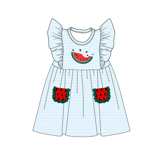 Baby Girls Flutter Sleeve Blue Stripe Watermelon Pockets Knee Length Dress Preorder GSD4001