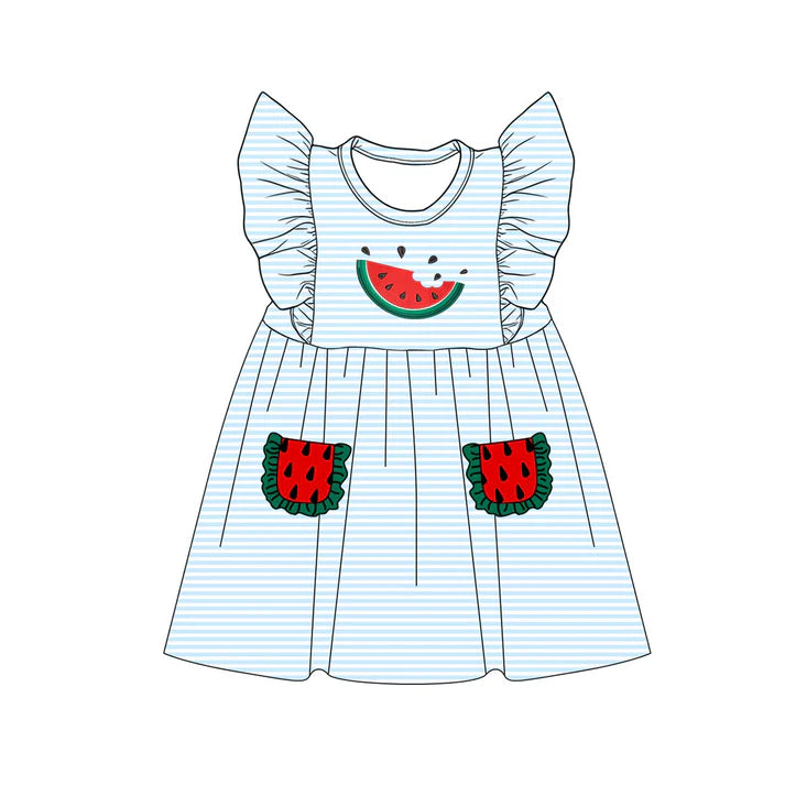 Baby Girls Flutter Sleeve Blue Stripe Watermelon Pockets Knee Length Dress Preorder GSD4001