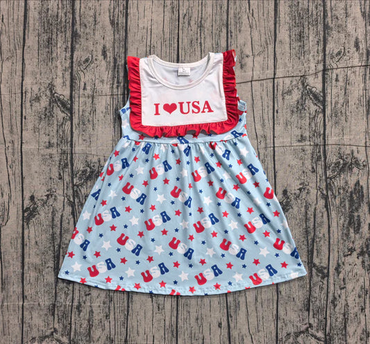 Baby Girls Sleeveless I Love USA Stars 4th of July Knee Length Dresses Preorder GSD4002