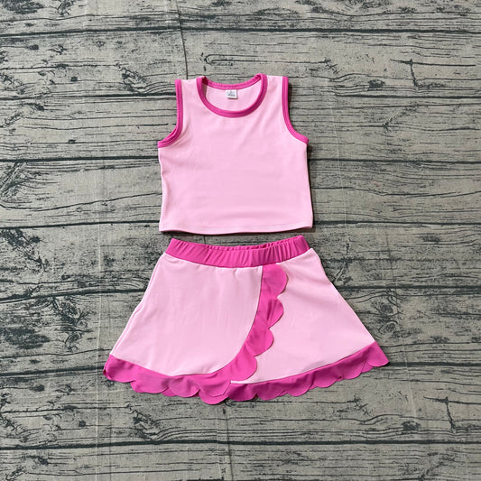 Baby Girls Clothes Sleeveless Light Pink Vest Scallop Skirt Short Yoga Active Clothes Set Preorder GSD4019