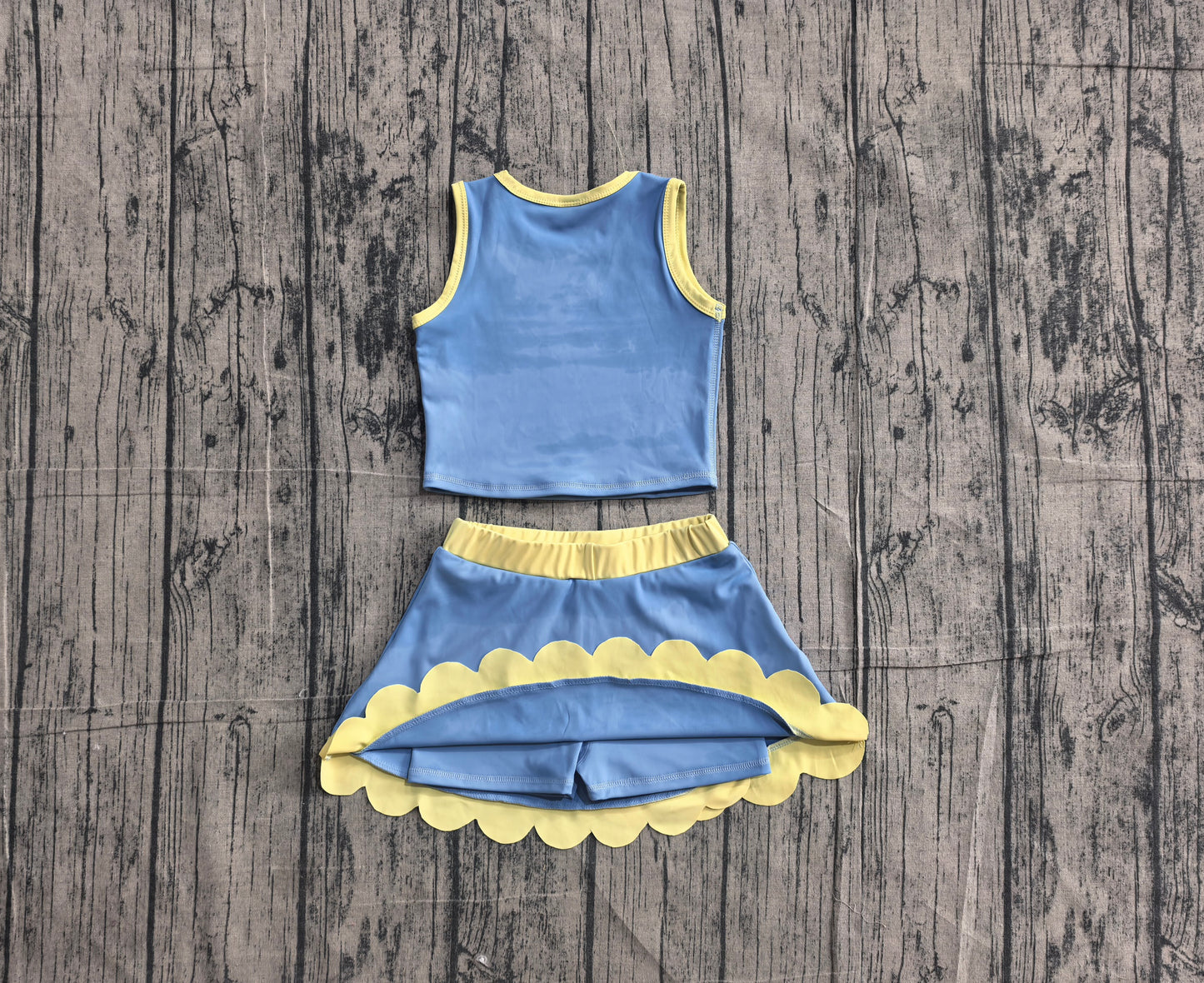 Baby Girls Sleeveless Blue Yellow Vest Scallop Skirt Short Yoga Active Clothes Set Preorder GSD4022