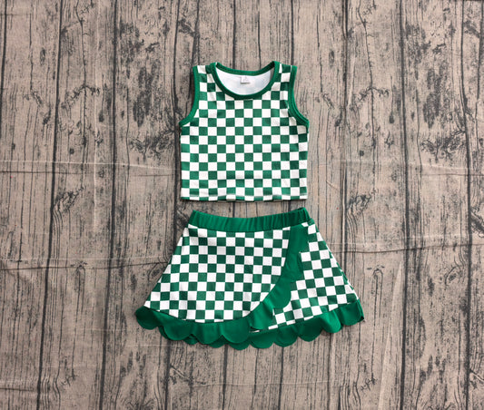 Baby Girls Green Checked Vest Top Scallop Skirt Short Yoga Active Clothes Set Preorder GSD4178