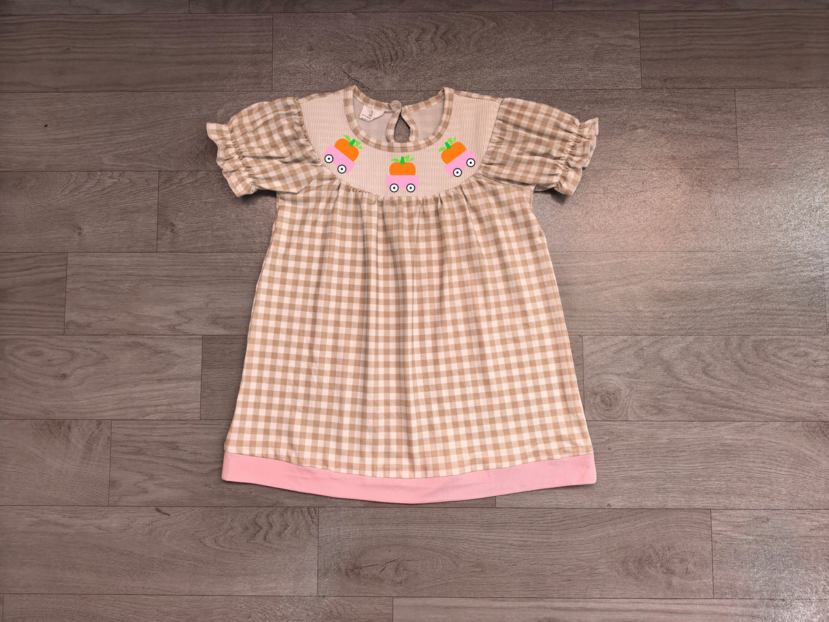 Smocked Pumpkins Trucks Baby Girls Khaki Checked Fall Knee Length Dresses Preorder GSD4258