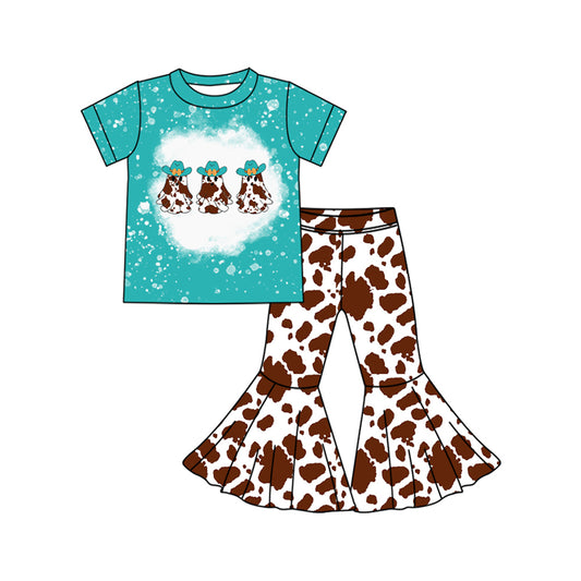Baby Girls Clothes Blue Short Sleeves Hats Ghosts Top Cow Print Bell Bottom Pants Set Preorder GSPO2024 5.2
