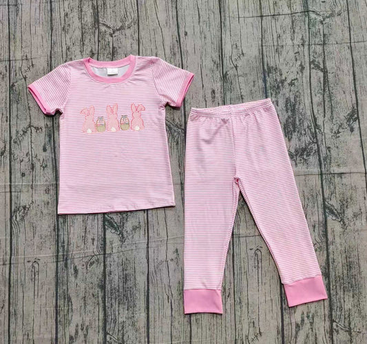 Embroidery Rabbits Eggs Baby Girls Pink Stripe Top Pants Easter Pajamas Sets Preorder 10.25