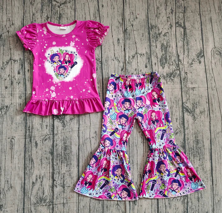 Baby Girls Hot Pink Cartoon Girls Ruffle Top Bell Bottom Pants Clothes Sets Preorder 10.24
