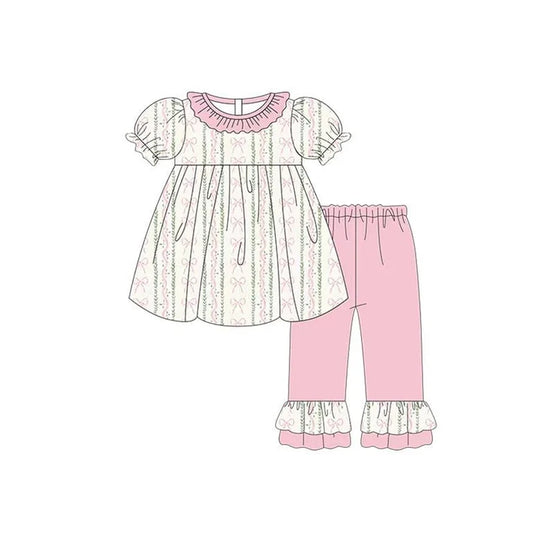 Baby Girls Pink Bows Flowers Stripe Tunic Ruffle Pants Clothes Sets Preorder 11.21