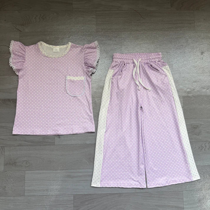Baby Girls Purple Polka Dots Pocket Top Flare Pant Clothes Sets Preorder GSPO2328