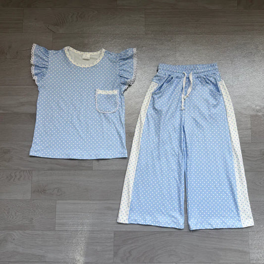 Baby Girls Blue Polka Dots Pocket Top Flare Pant Clothes Sets Preorder GSPO2331