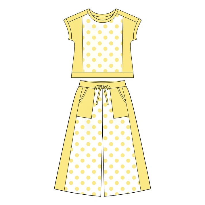 Preorder Baby Girls Yellow Polka Dots Top Pockets Flare Pant Clothes Sets GSPO2335