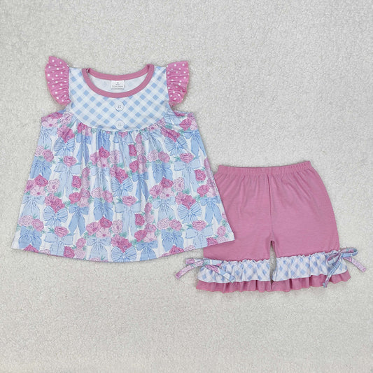 Baby Girls Clothes Checkered Flowers Bows Tunic Ruffle Shorts Sets GSSO1642 3.8