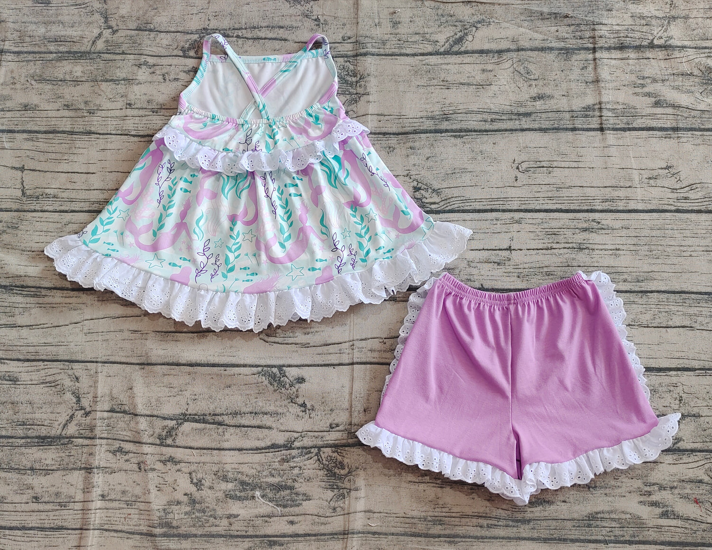 Baby Girls Clothes Mermaid Lace Ruffle Tunic Shorts Clothes Sets Preorder GSSO1675 3.21