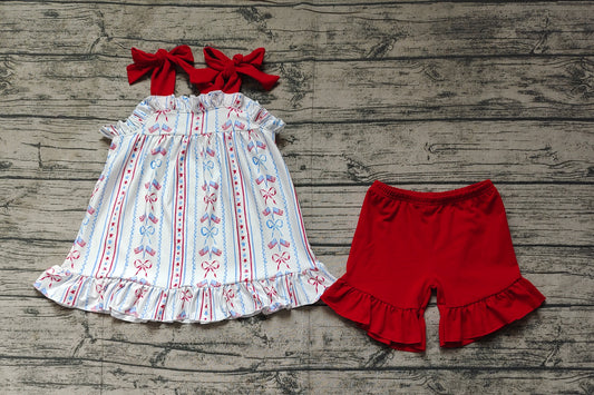 Baby Girls Clothes 4th Of July Flag Bow Tunic Top Ruffle Shorts Clothes Sets Preorder GSSO1786