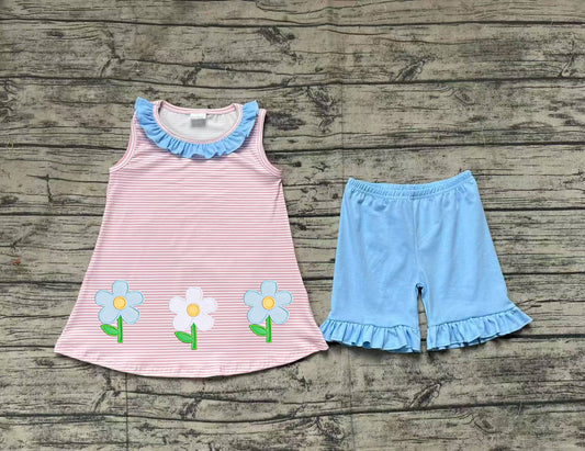 Baby Girls Clothes Pink Stripes Flowers Embroidery Tunic Ruffle Shorts Sets Preorder GSSO1895