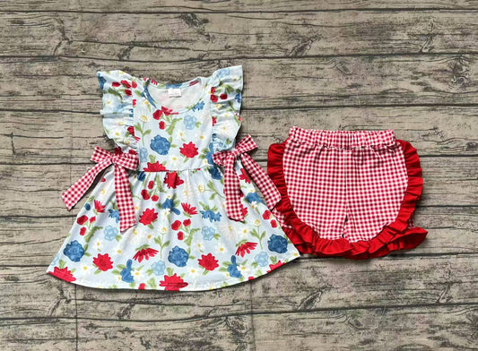 Baby Girls Clothes Navy Flowers Bows Tunic Ruffle Shorts Clothes Sets Preorder GSSO1930