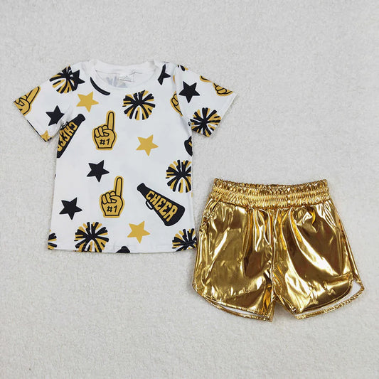 Baby Girls Clothes Cheer Golden Team Tops Leather Shorts Clothes Sets GSSO1936 7.31