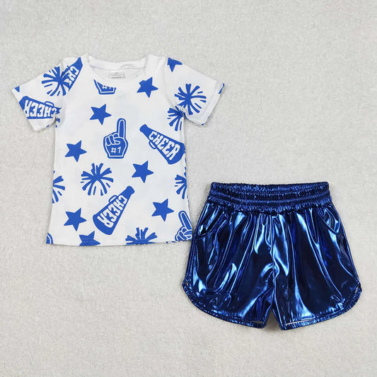 Baby Girls Clothes Cheer Blue Team Tops Leather Shorts Clothes Sets GSSO1938 7.31