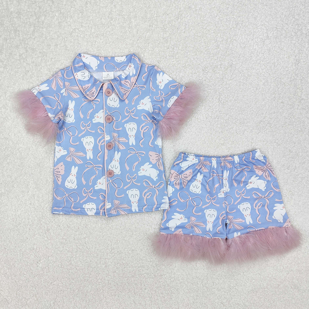 Baby Girls Pajamas Easter Rabbits Bows Fur Shirt Shorts Pajamas Sets GSSO1946
