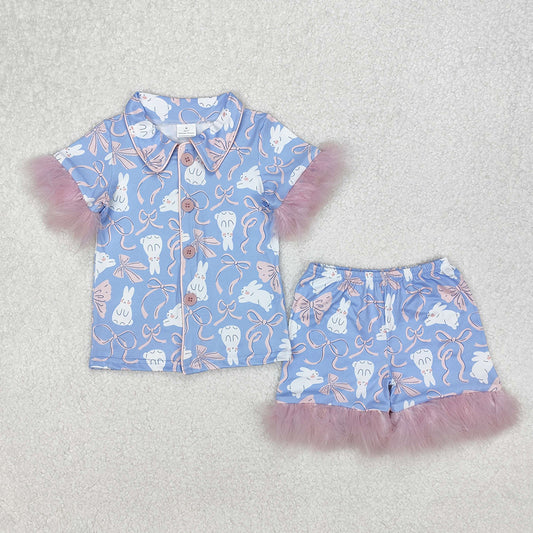 Baby Girls Pajamas Easter Rabbits Bows Fur Shirt Shorts Pajamas Sets GSSO1946