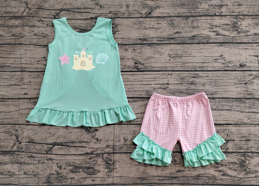 Embroidery Baby Girls Clothes Castle Star Bows Tunic Ruffle Shorts Sets Preorder GSSO1983