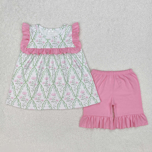 Baby Girls Clothes Green Bows Pink Flowers Tunic Shorts Sets GSSO2013