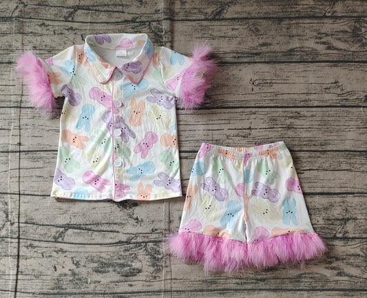 Baby Girls Pajamas Easter Rabbits Fur Shirt Shorts Pajamas Clothes Sets Preorder GSSO2020