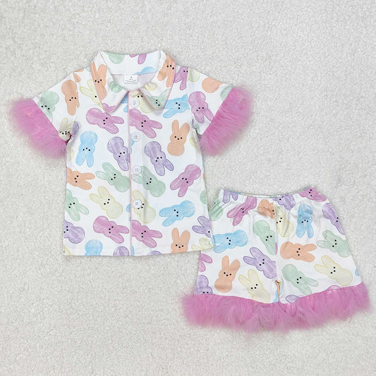 Baby Girls Pajamas Easter Rabbits Fur Shirt Shorts Pajamas Clothes Sets GSSO2020