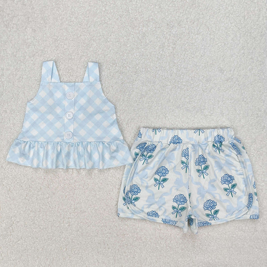Baby Girls Clothes Blue Checkered Straps Top Flowers Shorts Sets GSSO2078