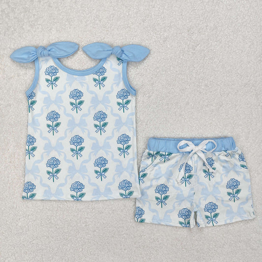Baby Girls Clothes Blue Flowers Bows Top Shorts Clothes Sets GSSO2079