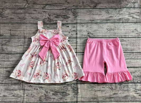 Baby Girls Clothes Pink Western Horse Bows Tunic Top Ruffle Shorts Sets preorder GSSO2100 3.7